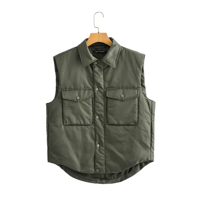 Autumn And Winter Cargo Cotton Vest With Double Pockets Army Green - Shop at LoveMi