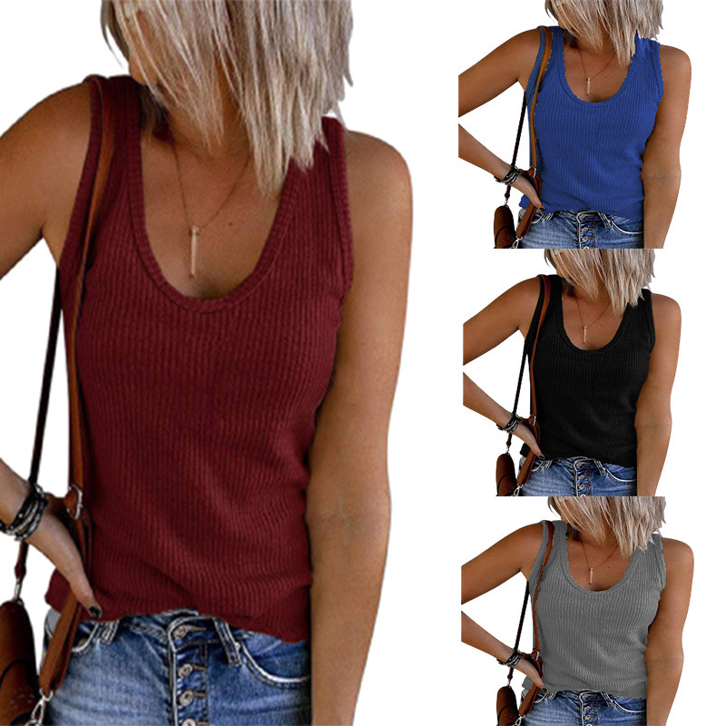 Summer U-Neck Sleeveless Vest Ladies New Rib Knit Casual Vest T-Shirt