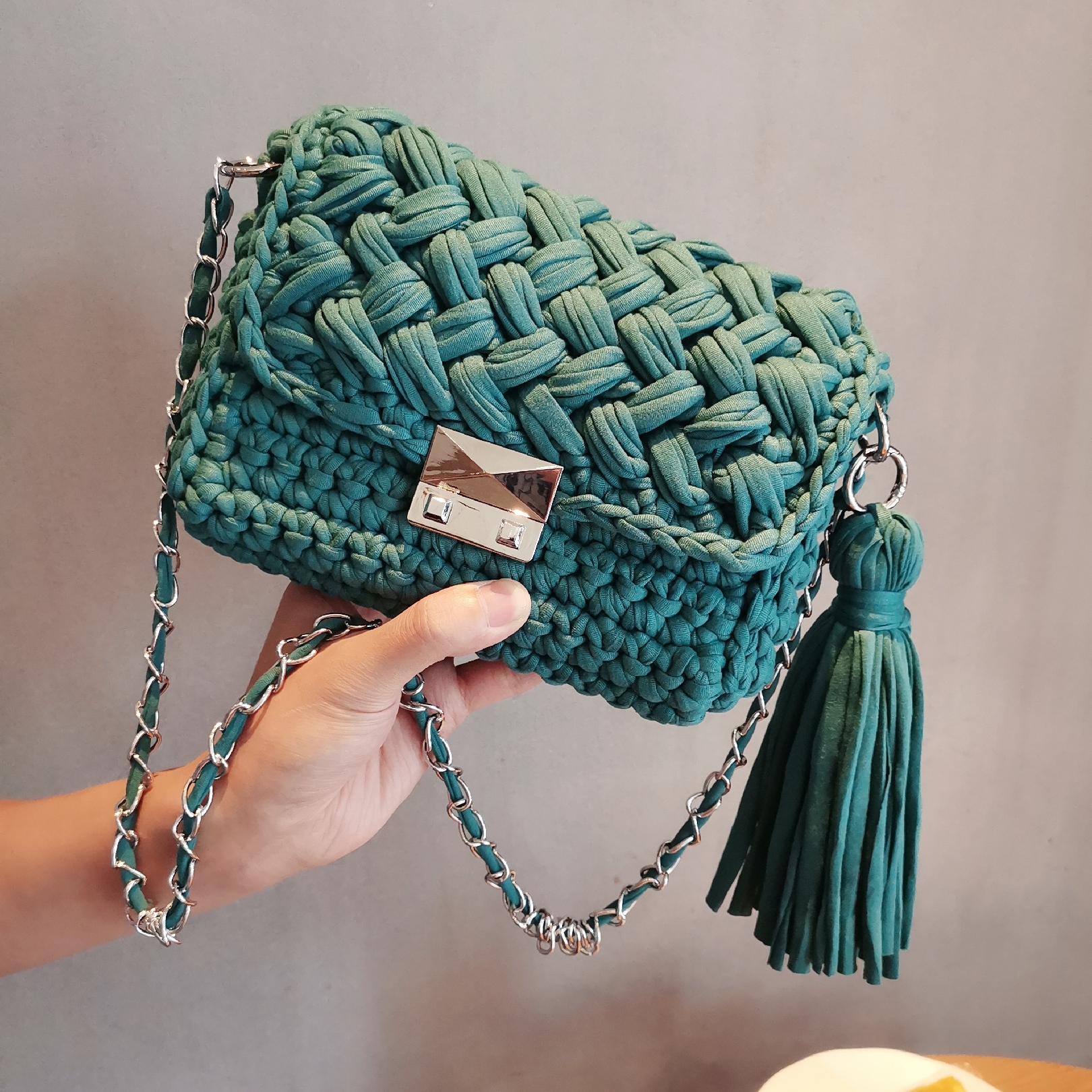 Hand-knitted One-shoulder Cross-body Bag With Wool Cloth Strips