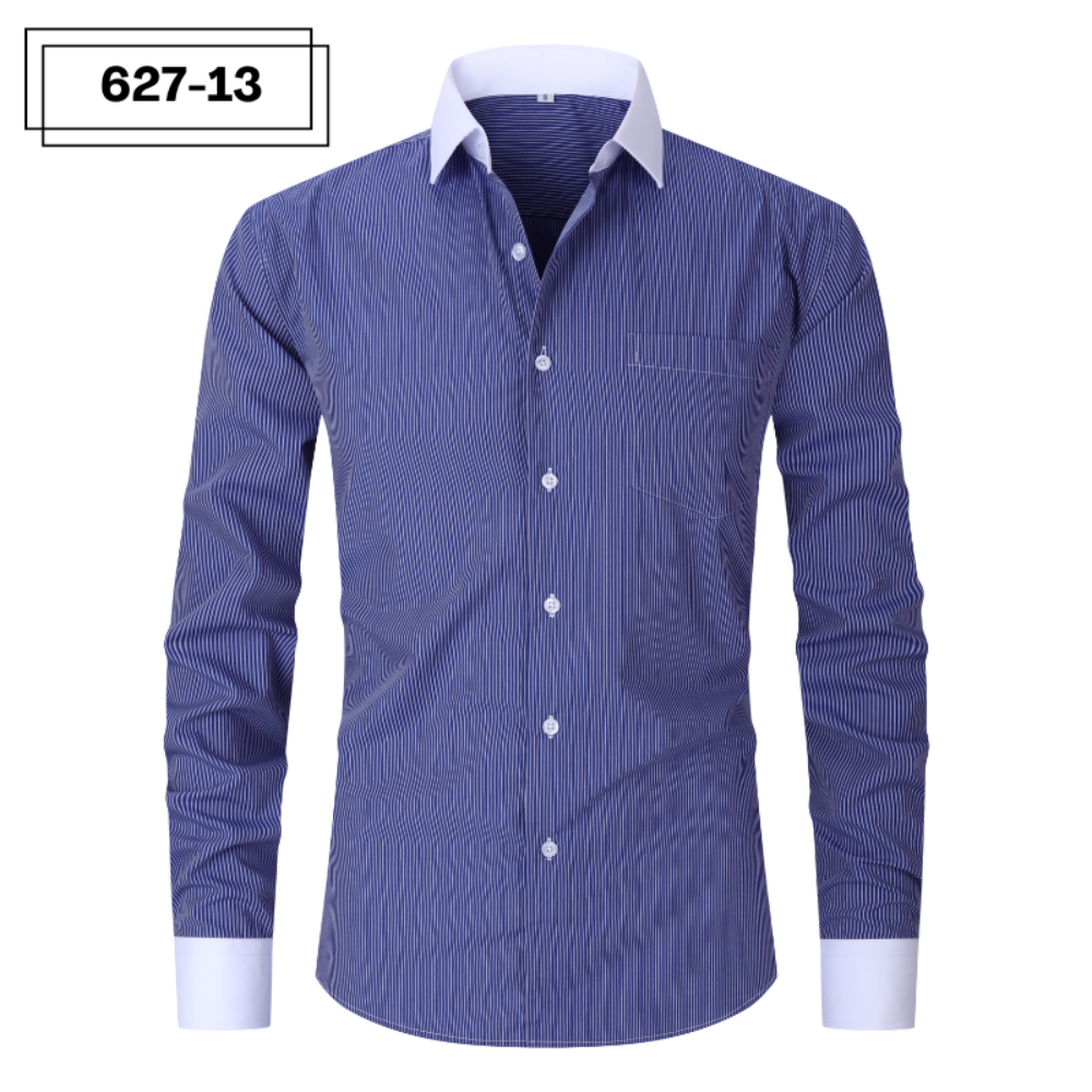 ["Men's dress shirt","Striped button-down","Long sleeve men's top","Formal shirt"]