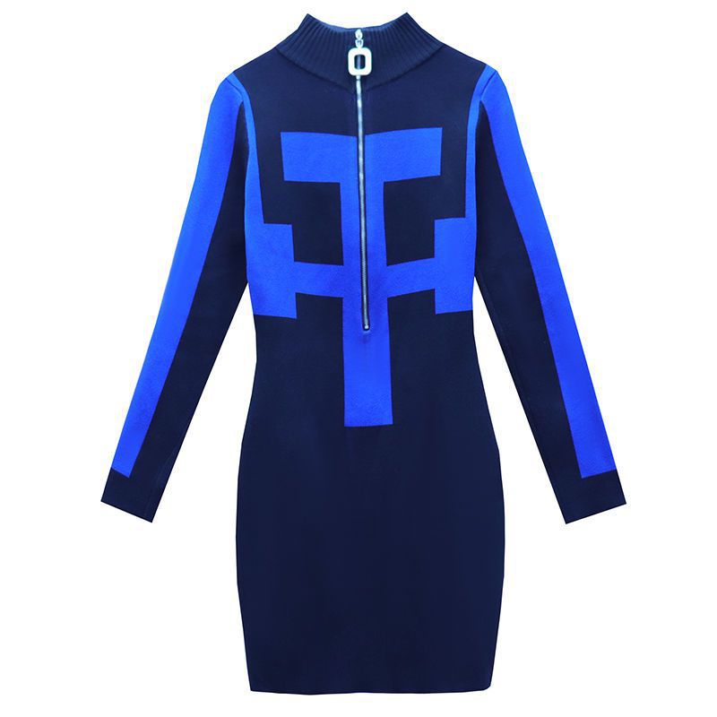 Contrasting Color Bag Hip Knitting Slim Slimming High Neck Zipper Base Skirt Women's Clothing