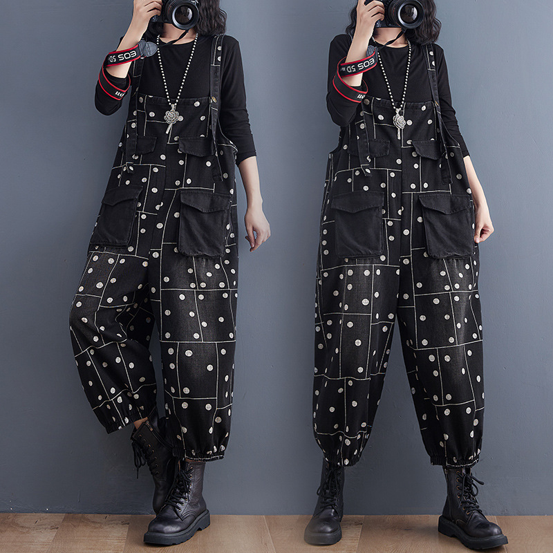 Autumn And Winter New Washed Denim Suspender Pants Small Dots - Shop at LoveMi