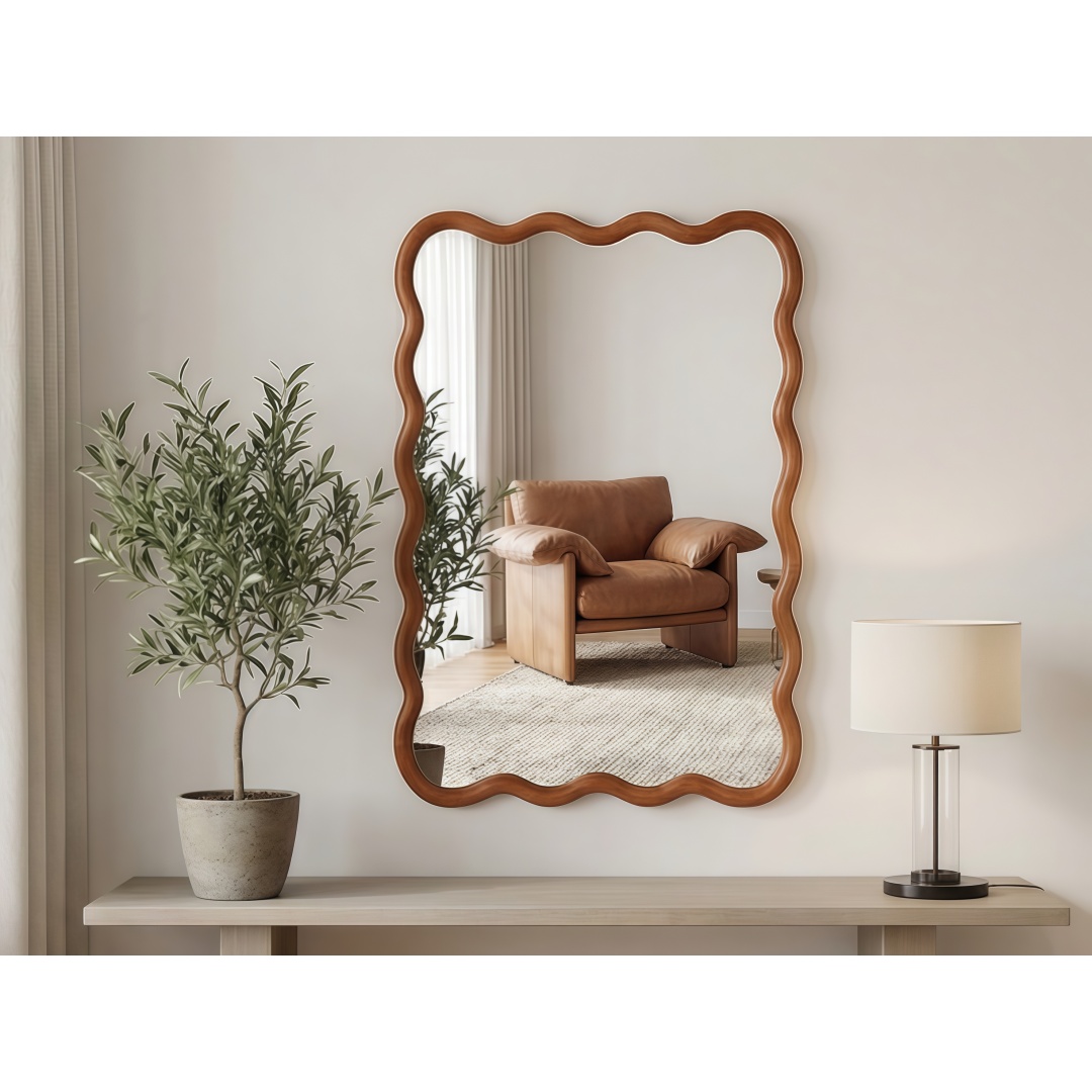 Yellowish Brown 20x30 Wavy Rectangle Solid Wood Frame Decorative Mirror,For Bedroom, Bathroom, Living Room, Entryway