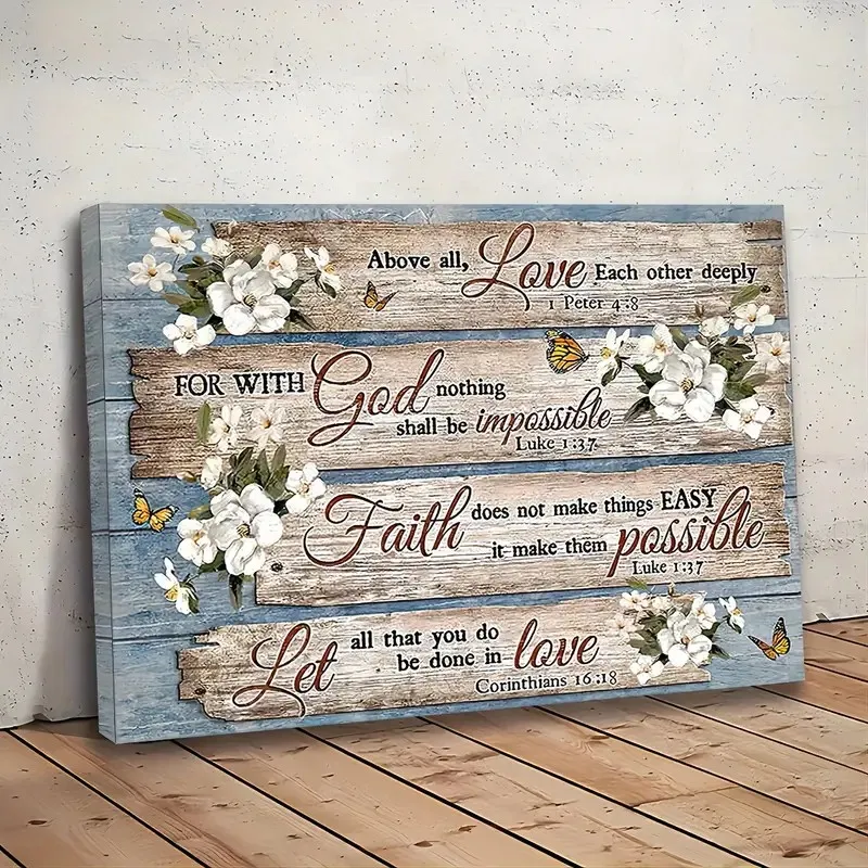 Wood Frame Canvas Painting, Christian Bible Verses Country Inspirational Bible Verses Flower Picture Wall Art Print For Home Decor, Living Room And...