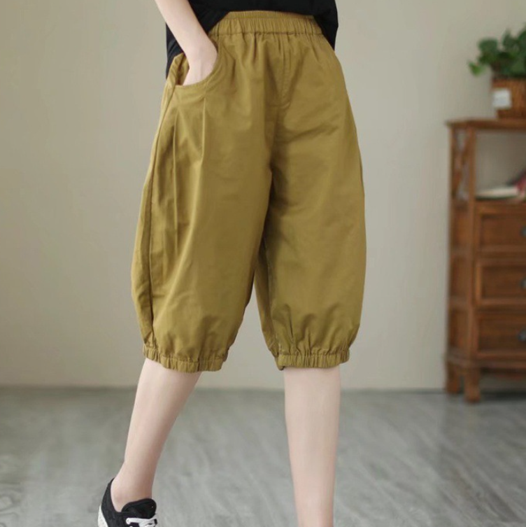 Women's Candy Color Cotton Casual Cropped Pants Yellow - Shop at LoveMi