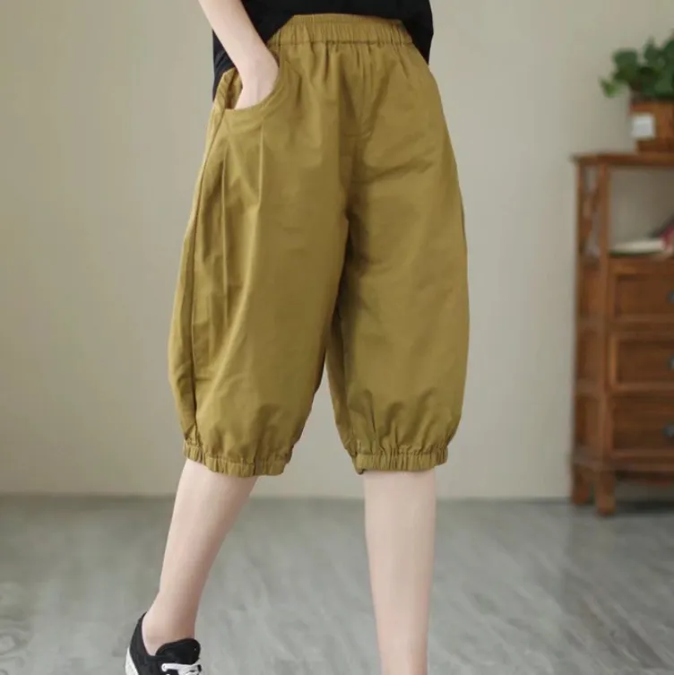 Women's Candy Color Cotton Casual Cropped Pants - Yellow