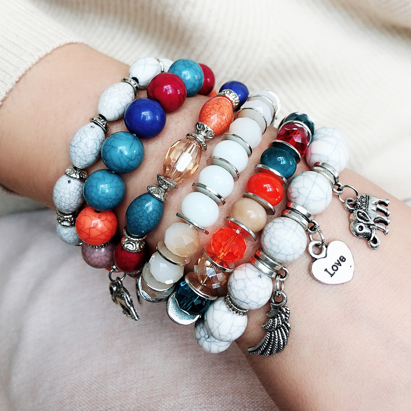Marble Pattern Bracelet Beaded Elephant Wings Love Pendant Multilayer Combination Bracelet