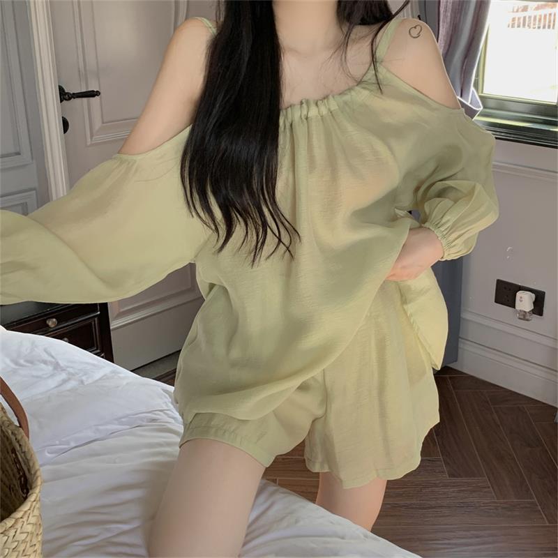 Design Sense Pleated Off-the-shoulder Puff Sleeves Korean Style Small Shirt
