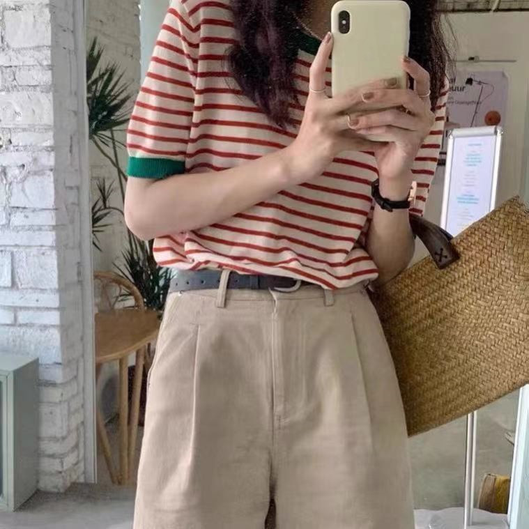 Women's Versatile Striped Contrast Short Sleeve T-Shirt