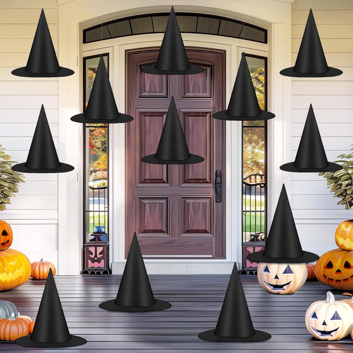 12 PCS Halloween Witch Hats, Black Hanging Witch Hats Porch Yard Decor — foto 5
