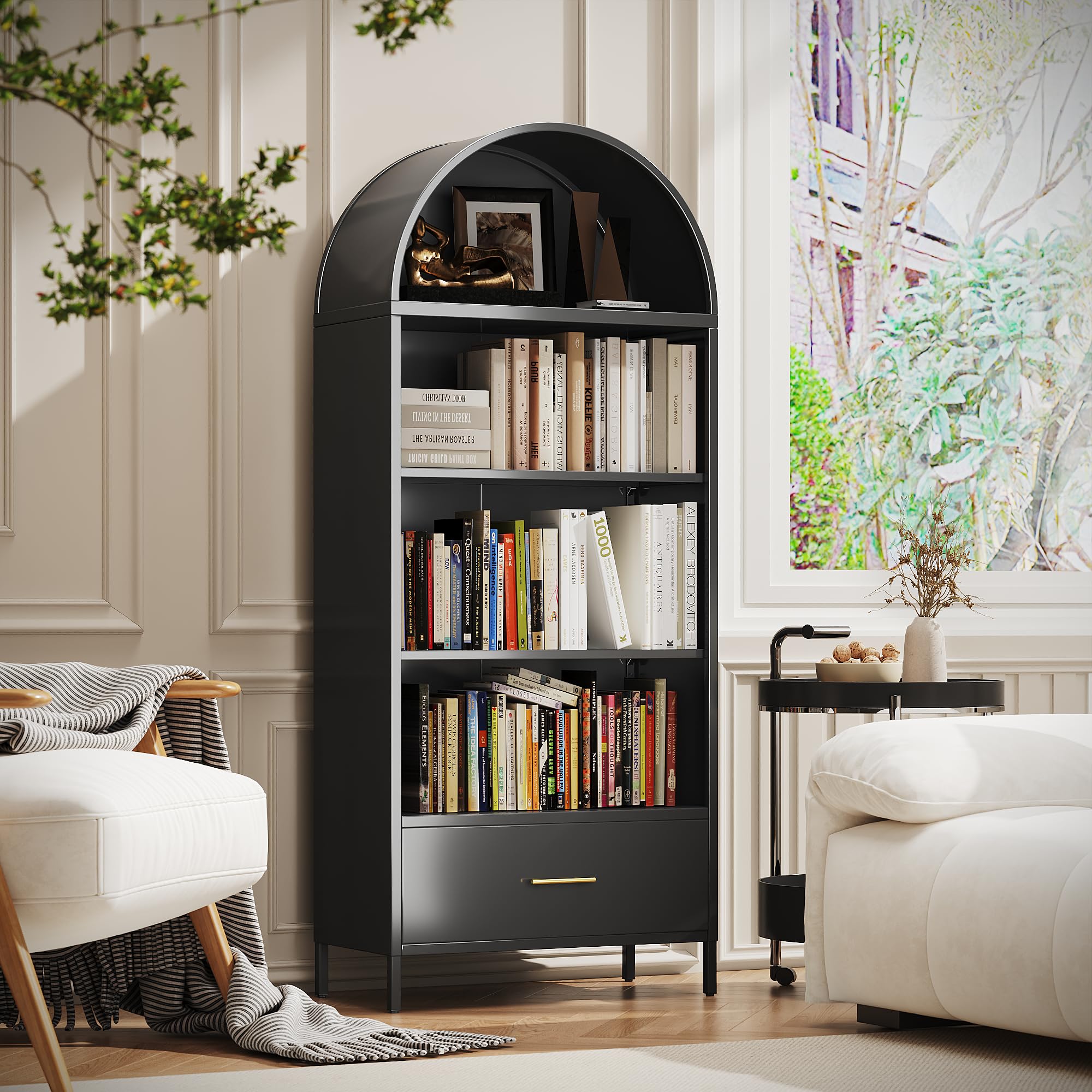 73inch Tall Arched Bookcase Cabinet, 5-Tiers Metal Black Arched Bookshelf With Drawer For Living Room, Home Office, Assembly Required