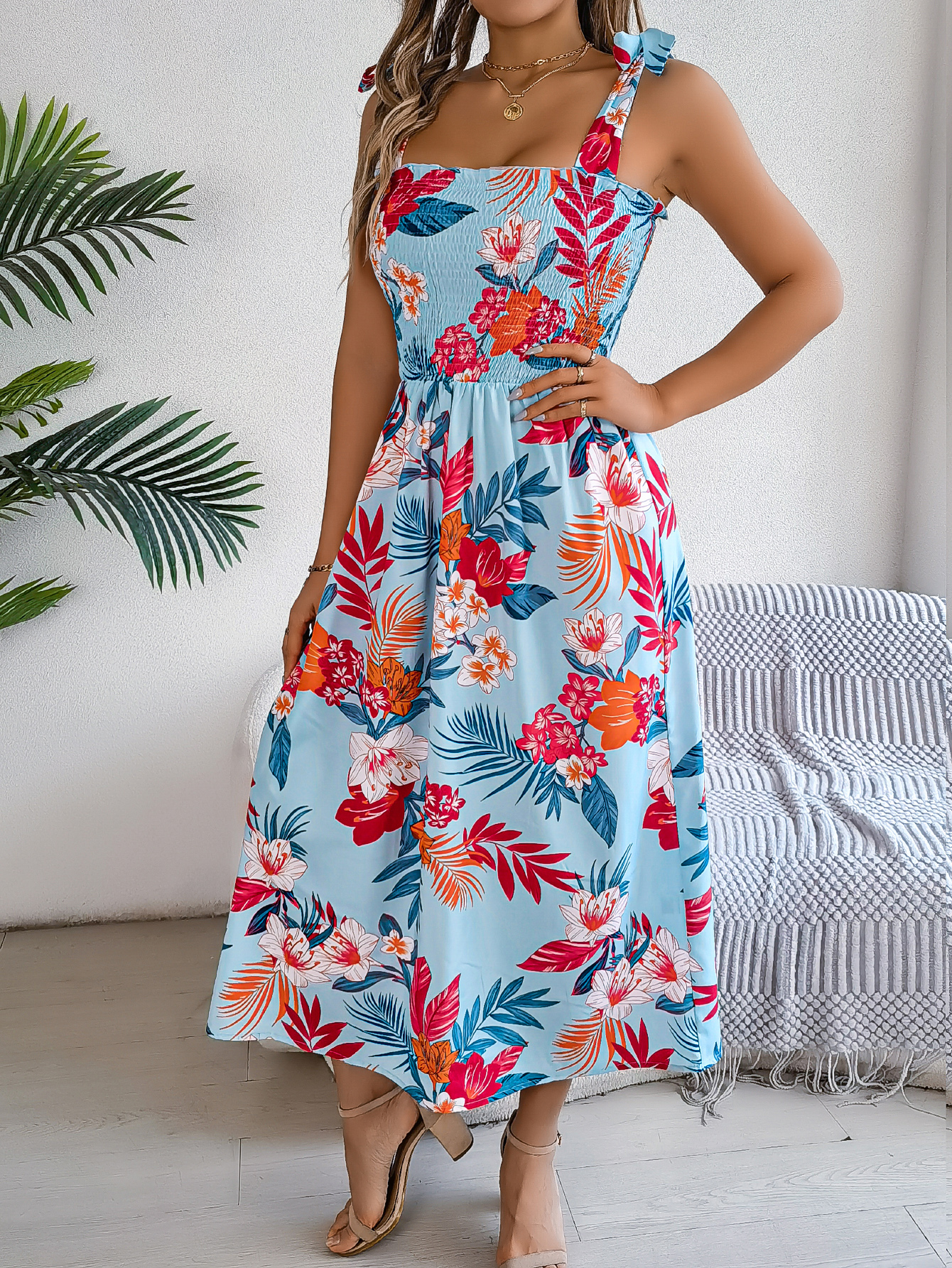 Women's Floral Print Tie Waist Camisole Beach Vacation Maxi Dress