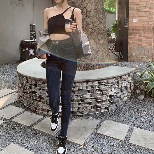 High waist Stretch Dark Jeans Women's Trendy Two button Trousers Navy - Shop at LoveMi