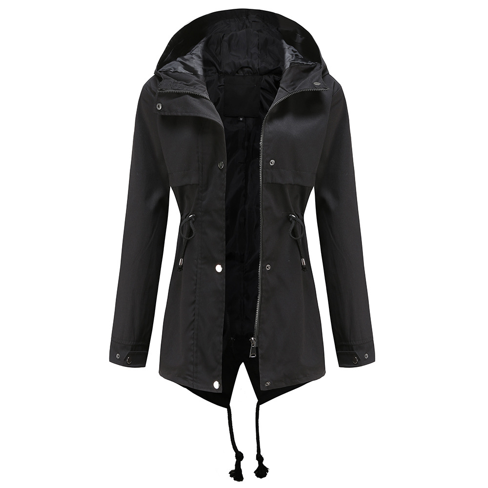 Windbreaker Mid length Hooded Jacket With Waist Waist Outdoor Raincoat Black - Shop at LoveMi