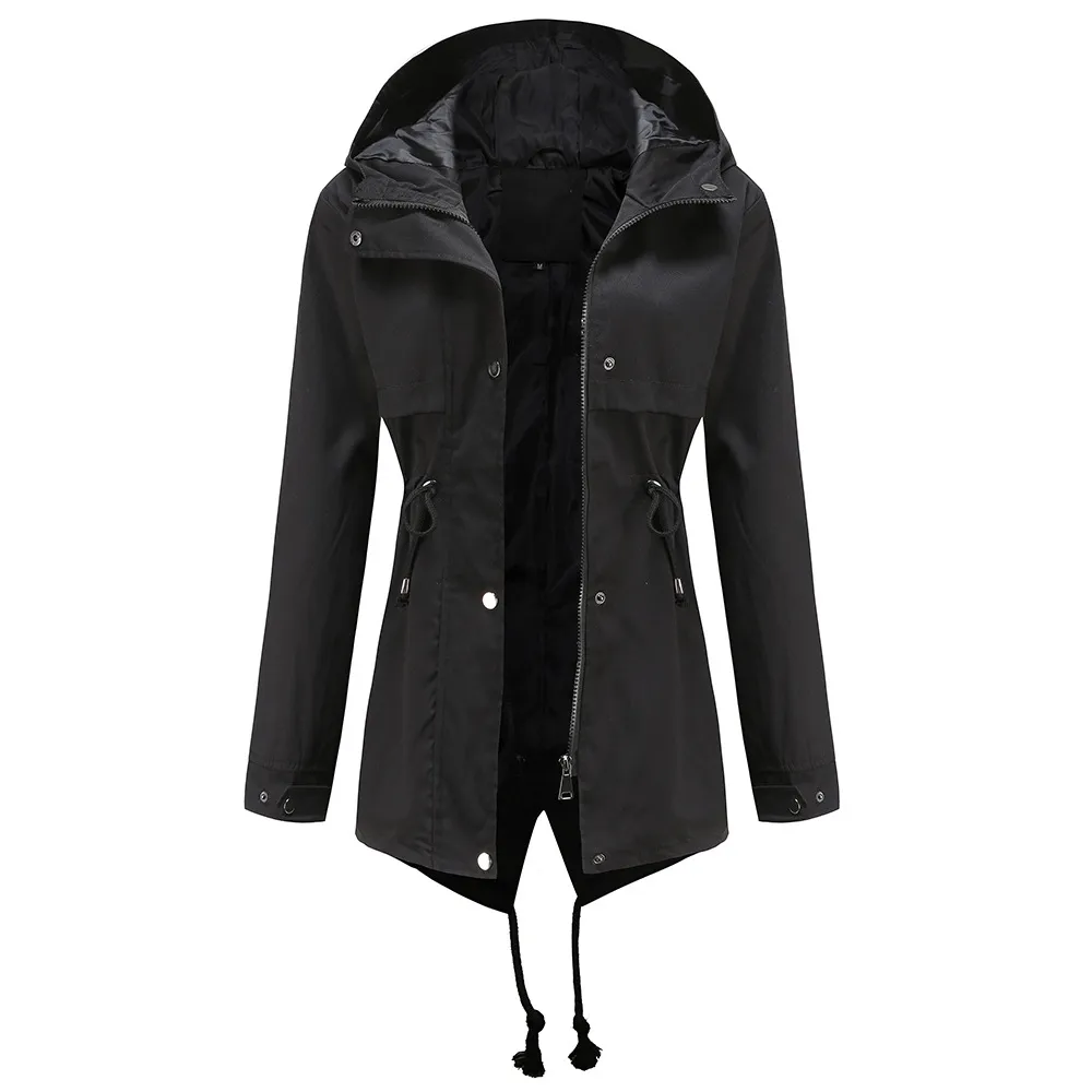 Windbreaker Mid-length Hooded Jacket With Waist Waist Outdoor Raincoat - Black