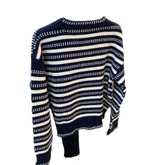Female Minority Of Cardigan With Oblique Button Striped Sweater - Blue And White Strips - View 1