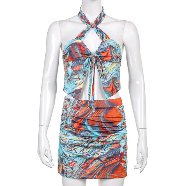 Fashion Printed Strap Neck Hanging Set Skirt Colour - Shop at LoveMi