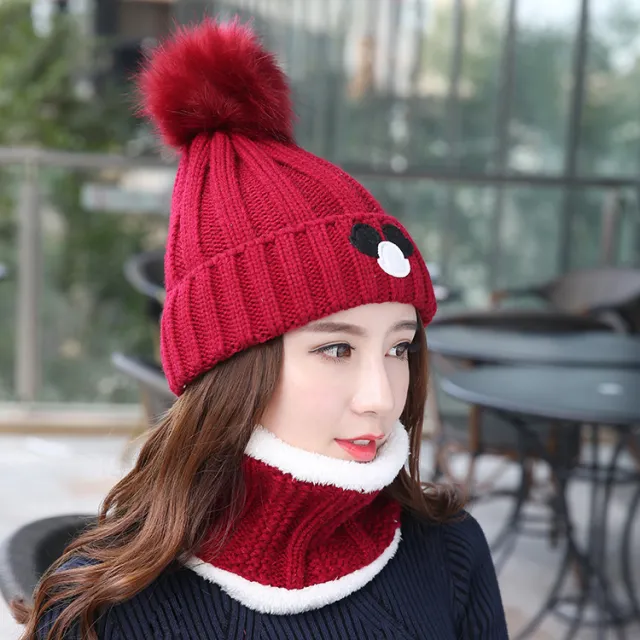 Women's Versatile Wool Ball Knitted Wool Hat Plush Wine Red Suit - Shop at LoveMi