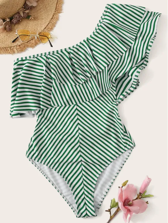 One Piece Fashion Striped Leaky Back Slanted Shoulder Swimsuit - Green