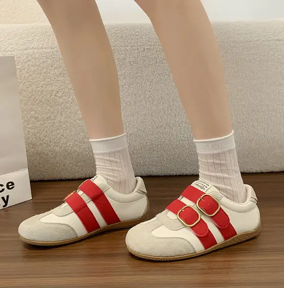 Women's Red German Trainer Shoes Autumn New Arrival Double Buckle Strap Casual Sports Slip On Shoes Versatile Thick Sole