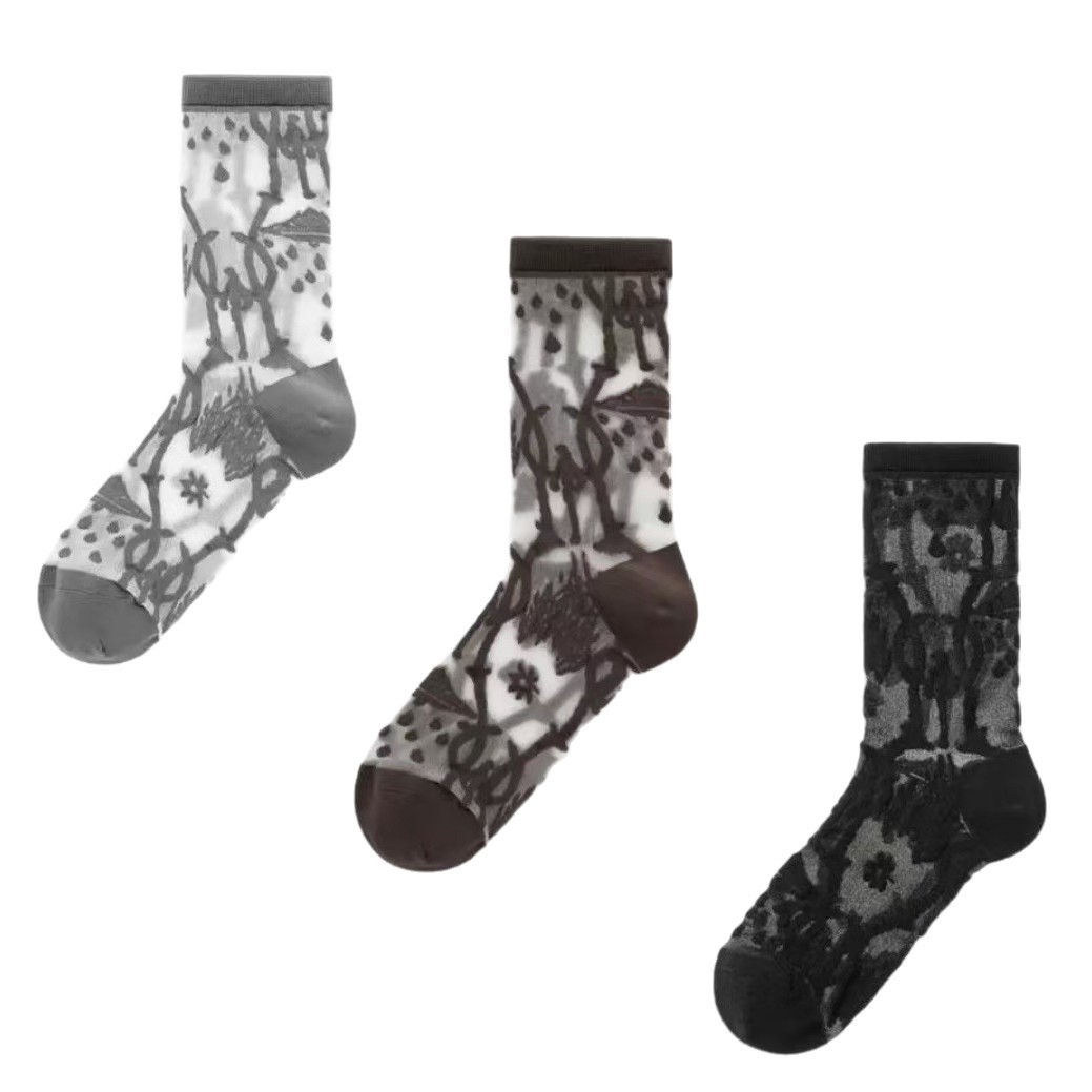 Cass Women's Socks With Spring And Summer Patterns, Lace, Crystal Glass Silk, Lightweight, Breathable, Personalized Trendy Stockings, Women's Summer Thin Version