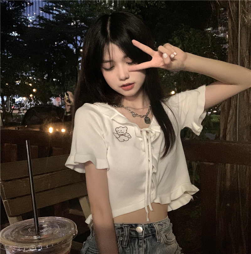 Cute Milky White Bear Short Knit Short-sleeved T-shirt