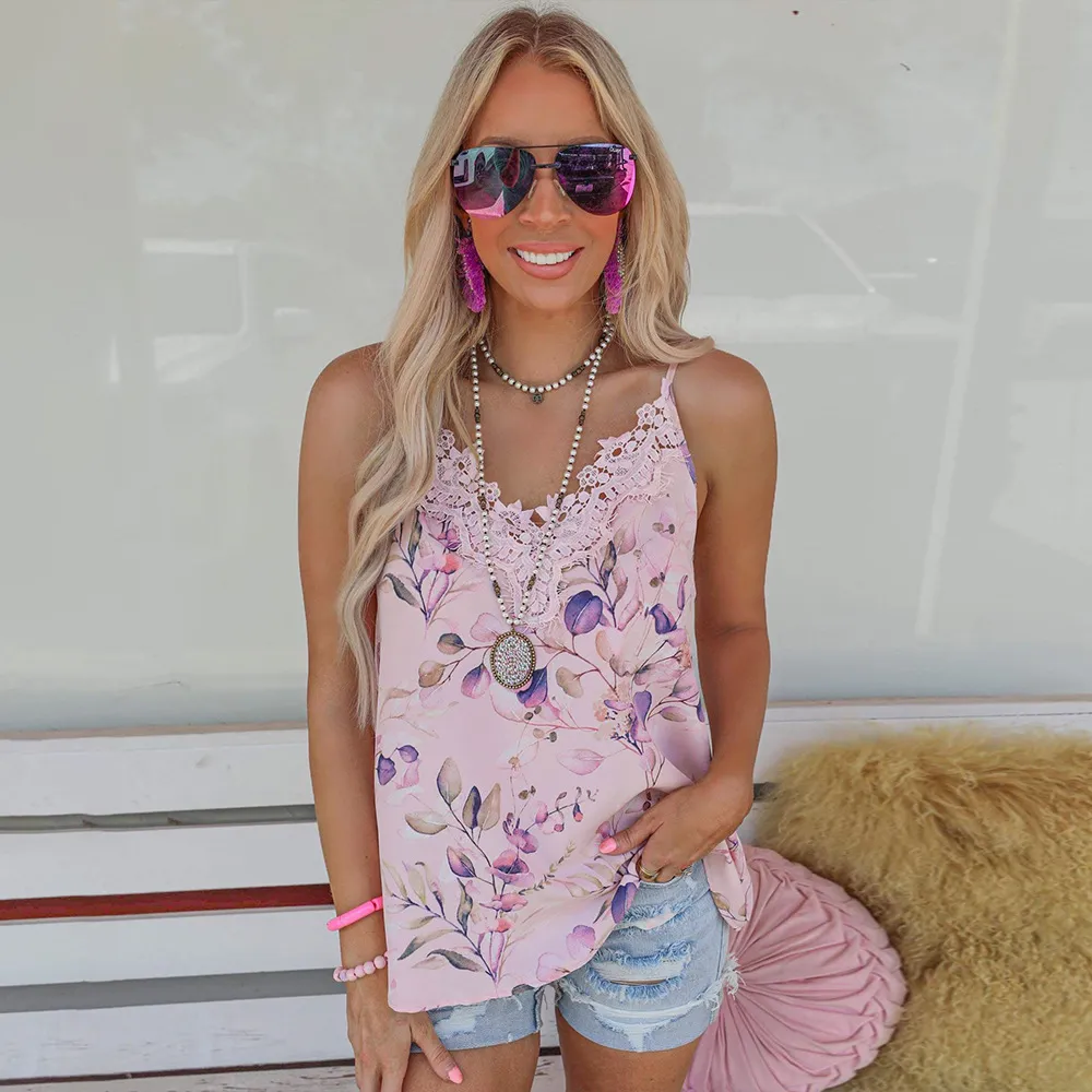 Women's Printed V-Neck Sling Halter Top - Pink