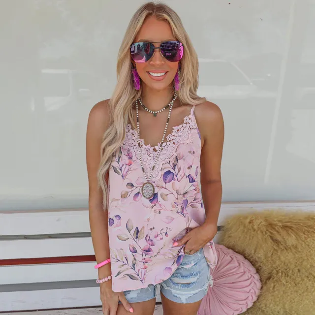 Women's Printed V Neck Sling Halter Top Pink - Shop at LoveMi