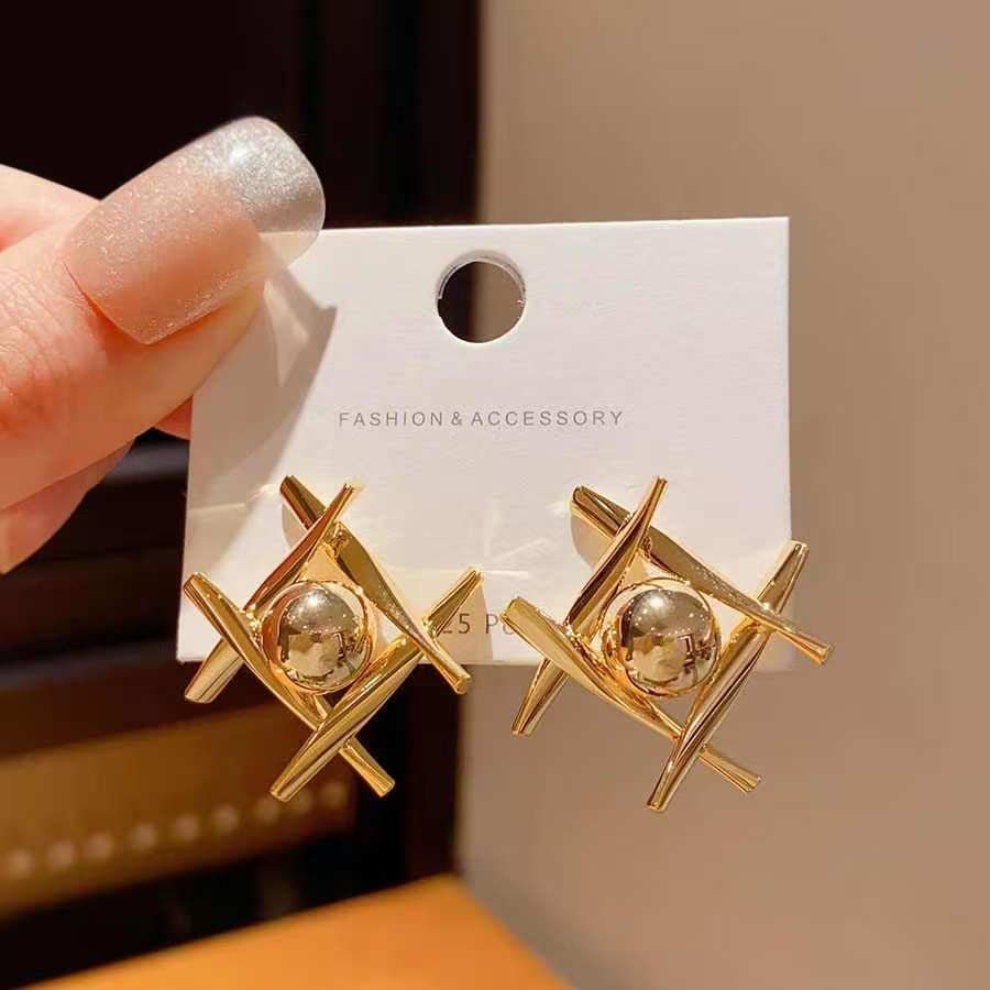 Bold Geometric Rhombus & Ball Earrings, Minimalist High-end Jewelry