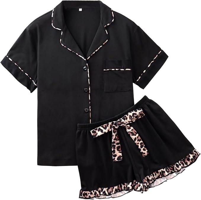 Rongtai Summer Pajamas For Women Set Short Sleeve Button Down - Brown-XL — image 2
