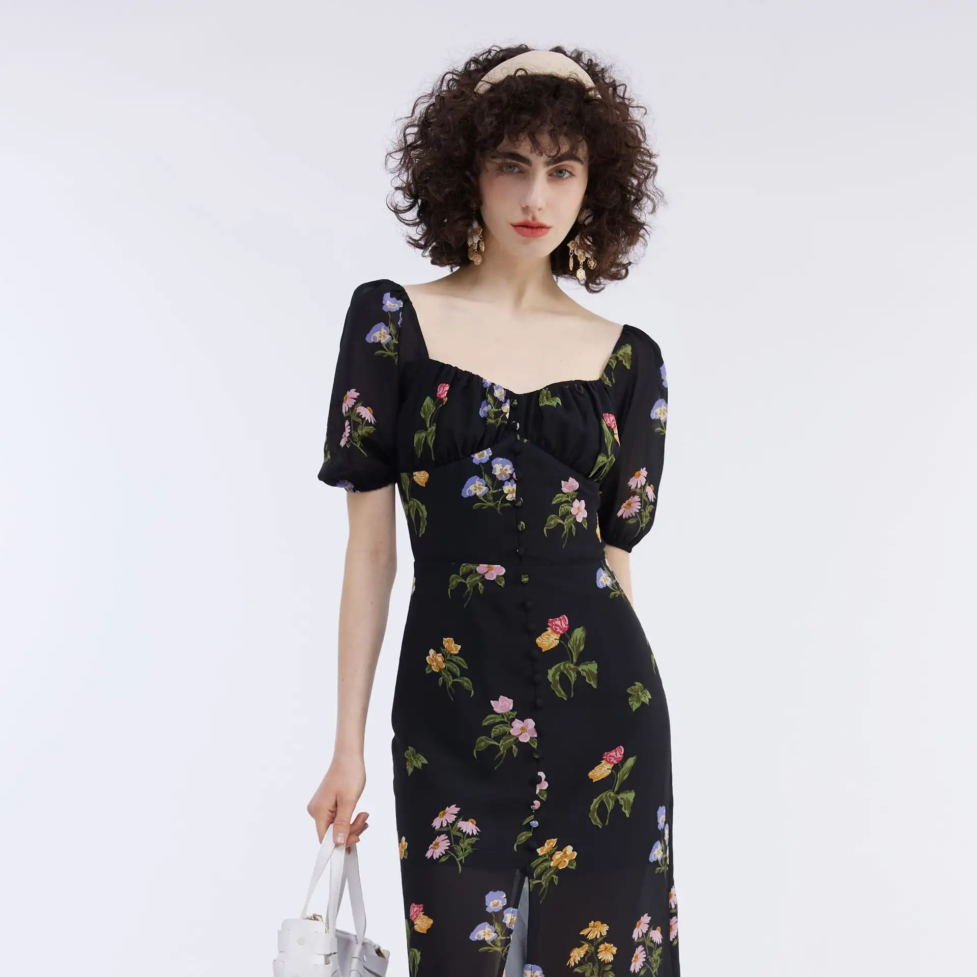 Women's Fashionable French High Waist Slim Floral Dress