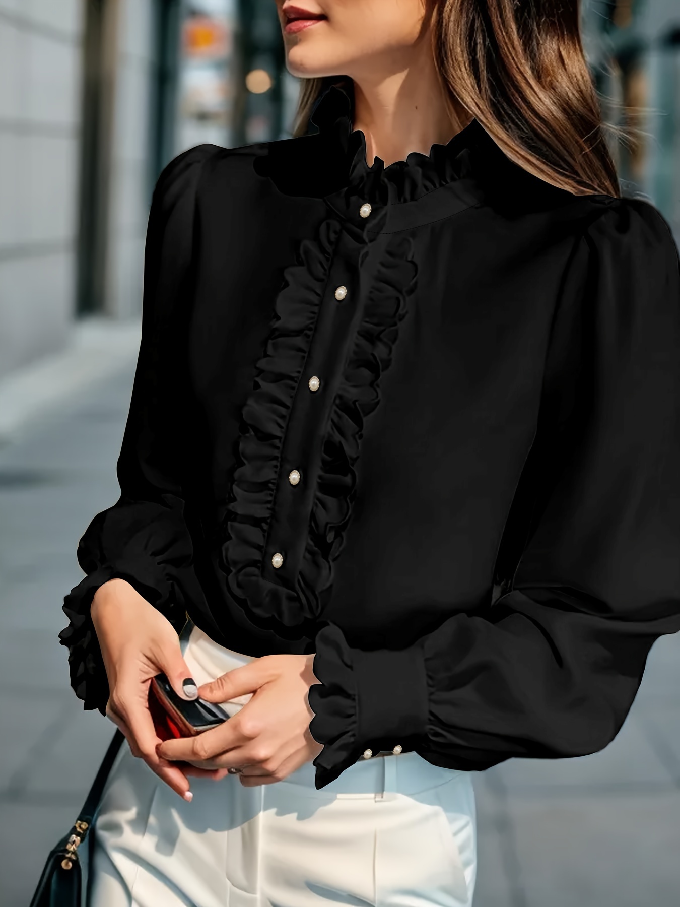 Fashionable Stand up Collar Long sleeved Shirt With Lotus Leaf Hem Black - Shop at LoveMi