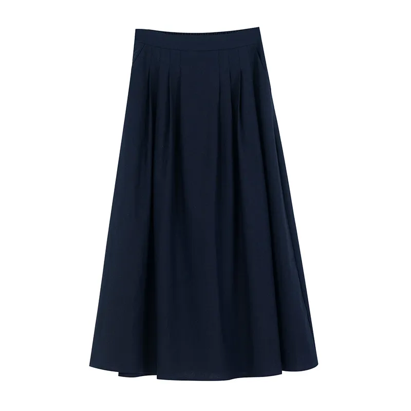 Mid-length Slim Cotton And Linen A-line Small Skirt - Blue