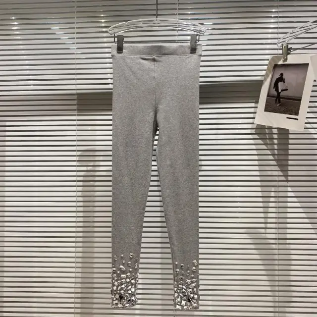 Women's Heavy Industry Large particle Rhinestone Beaded Elastic Slim Leggings Grey - Shop at LoveMi