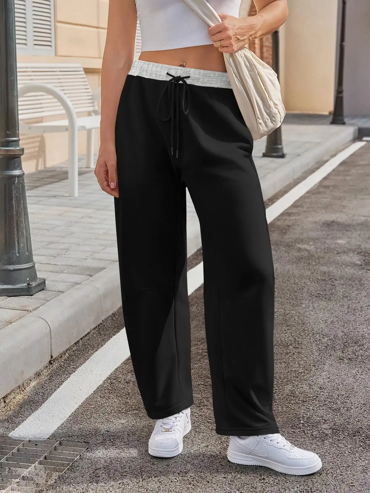 Fisoew Womens Wide Leg Sweatpants Baggy Drawstring Elastic Waisted Travel Track Pants Color Block Joggers With Pockets