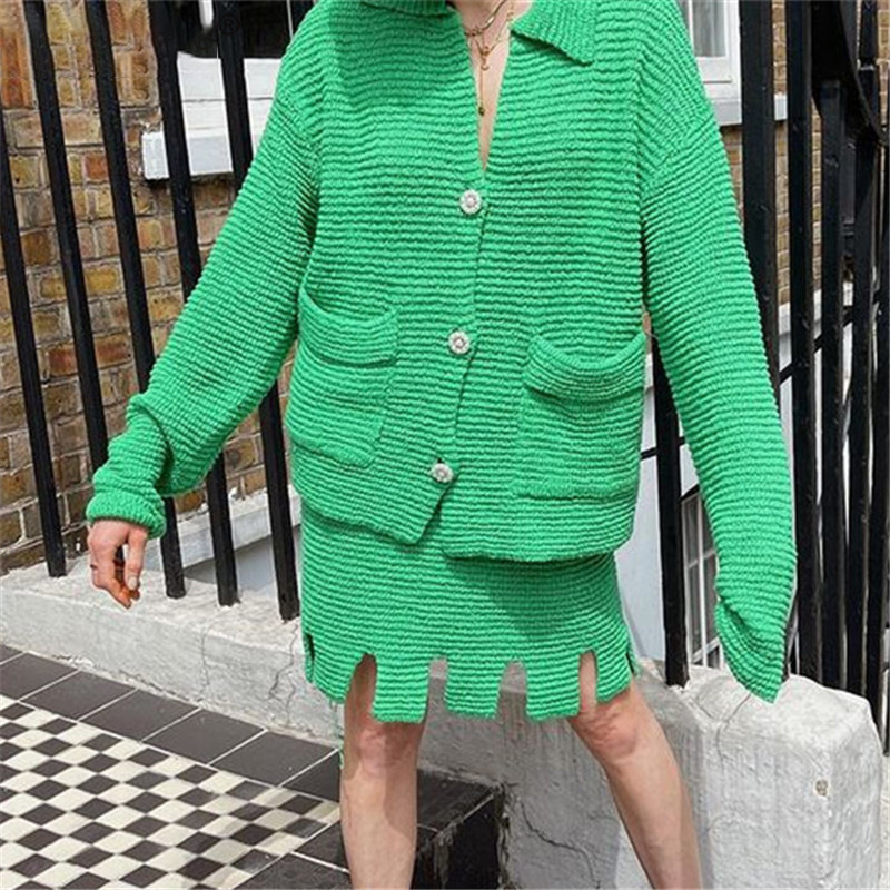 Temperament Lapel Loose Green Single-breasted Sweater