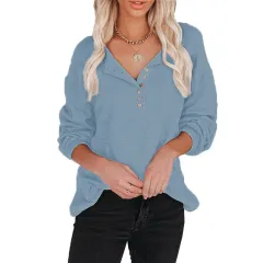 Women's Solid Colour Breasted Lantern Sleeve Casual Top Women - Blue - View 1