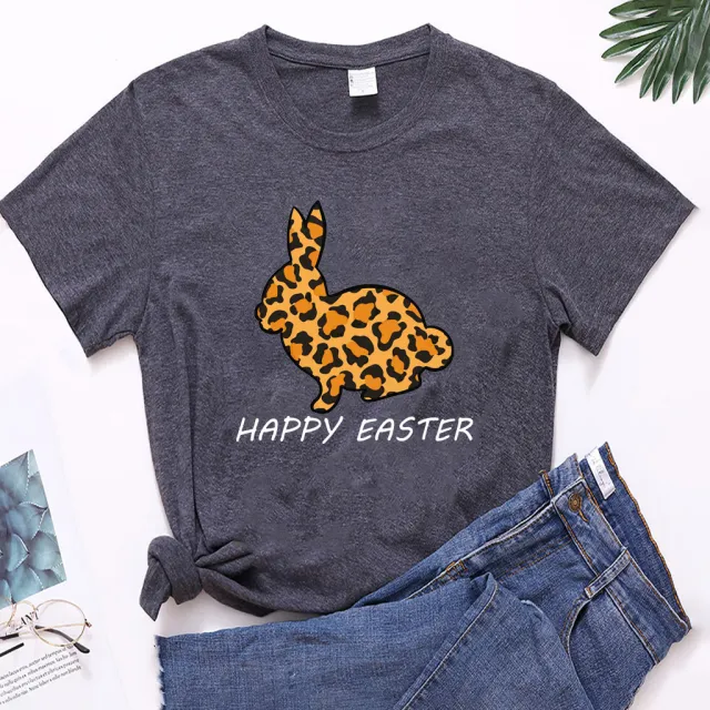 European And American Women's Easter Bunny Printed Short Sleeves Dark Grey - Shop at LoveMi