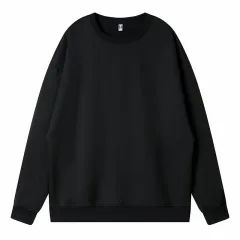 Fine Imitation Cotton Dropped Shoulder Loose Round Neck Sweater - Black - View 1