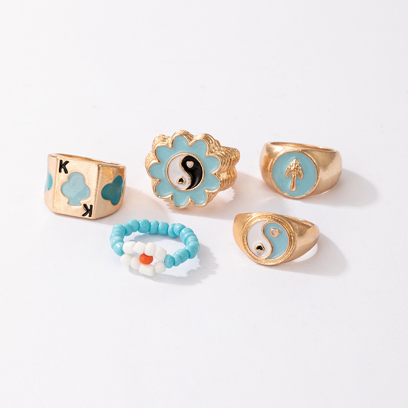 Rice Beads Flower Blue 5-Piece Ring