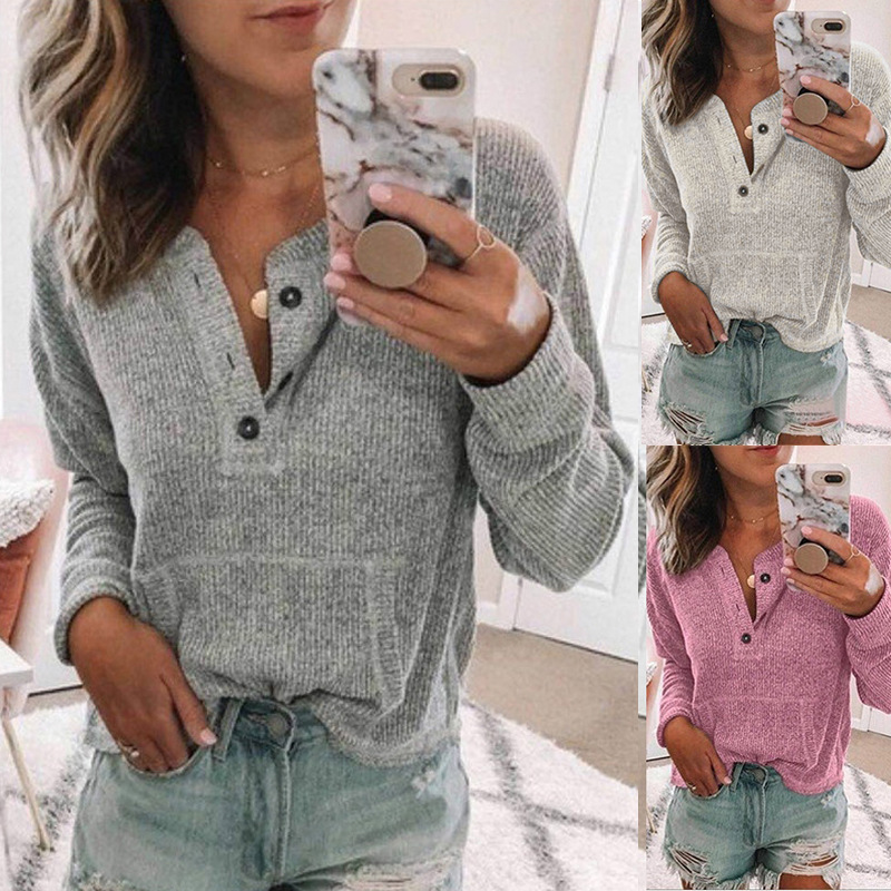 Solid Color Open Tube Button Long-Sleeved Top T-Shirt