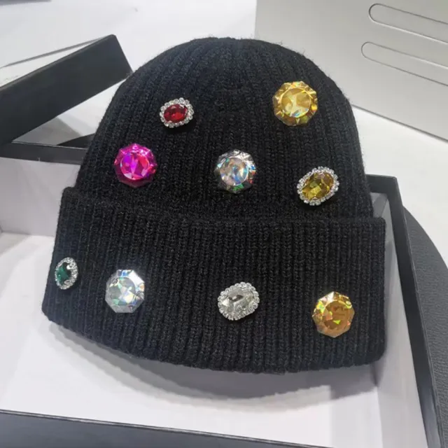 Hand drilled Gem Rhinestone Hat Women's All match Knitting Black - Shop at LoveMi