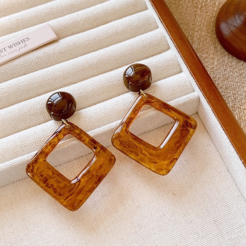 Amber Resin Stud Earrings with Gold-Tone Accents - Vintage Button Style - Image 2