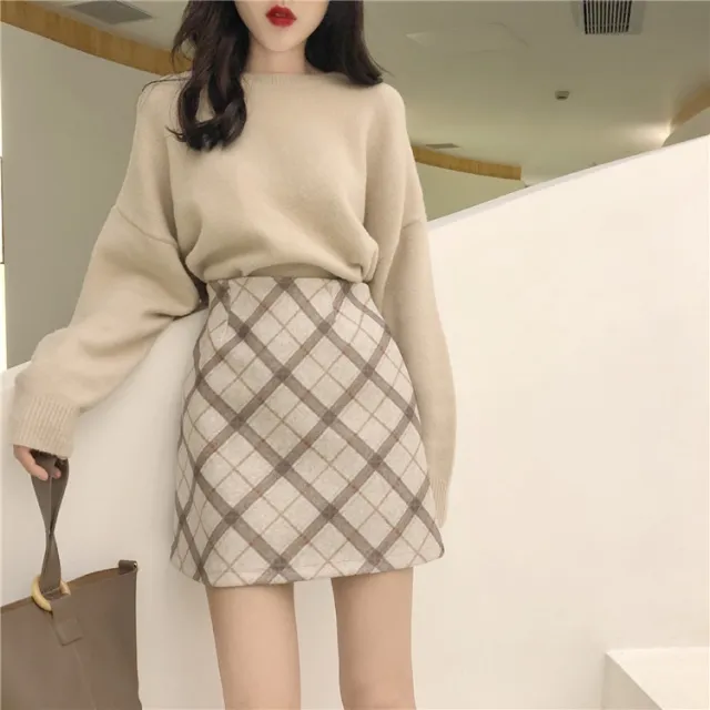 Women's High waist Woolen Plaid Bag Hip Skirt Short Skirt - Shop at LoveMi