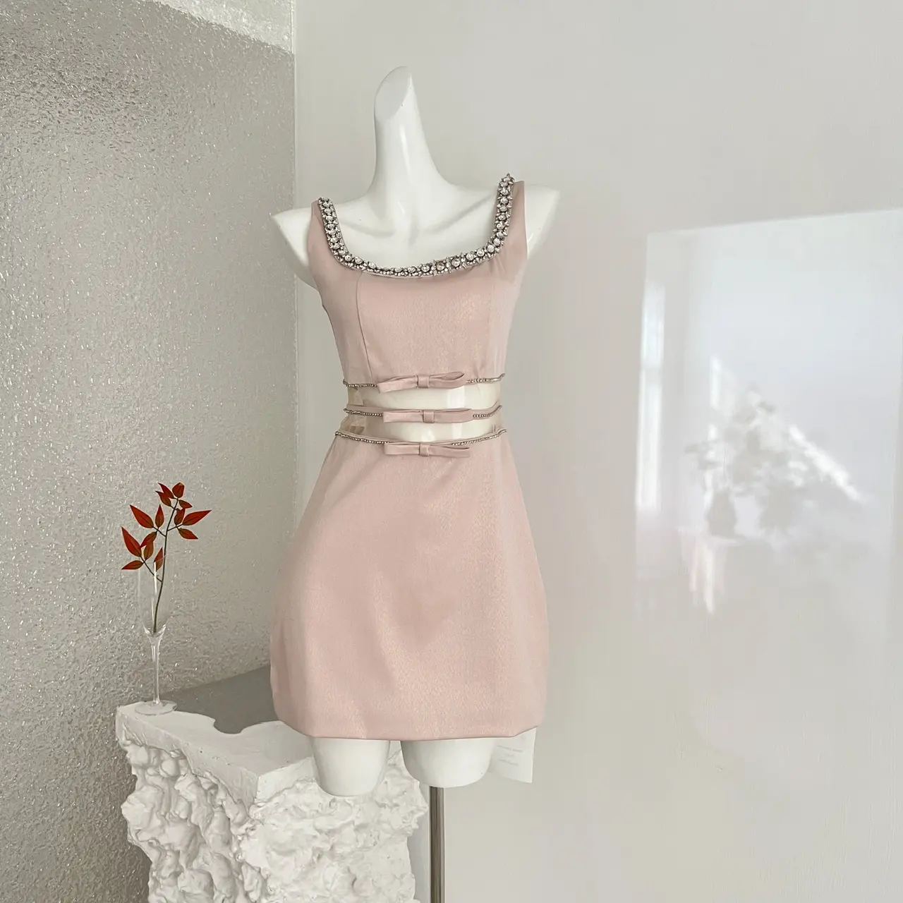 Blush Tone Sleeveless Rhinestone Collar Bow Waist