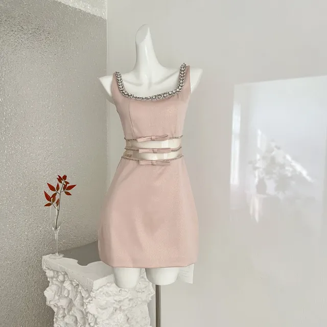 Blush Tone Sleeveless Rhinestone Collar Bow Waist Bridesmaid Cocktail Dress Pink - Shop at LoveMi