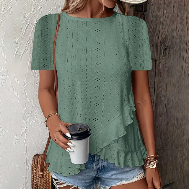Women's Ruffle Hem Short Sleeve T Shirt Casual Summer Crew Neck Blouses Top Green - Shop at LoveMi