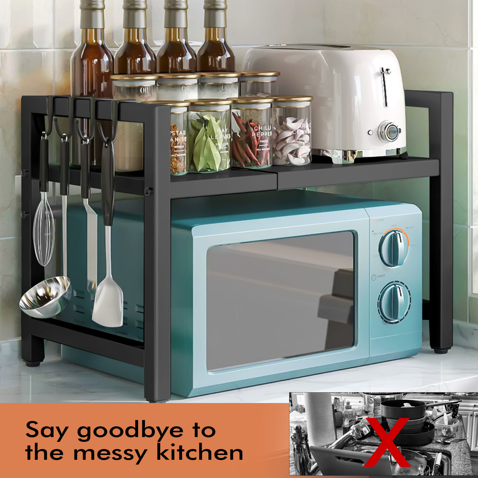 Black Single-layer Double Bar With 6 Hooks And Extendable Kitchen Storage Rack — image 3