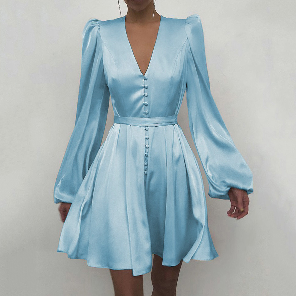 Spring Satin Satin V Neck Temperament Slim Dress