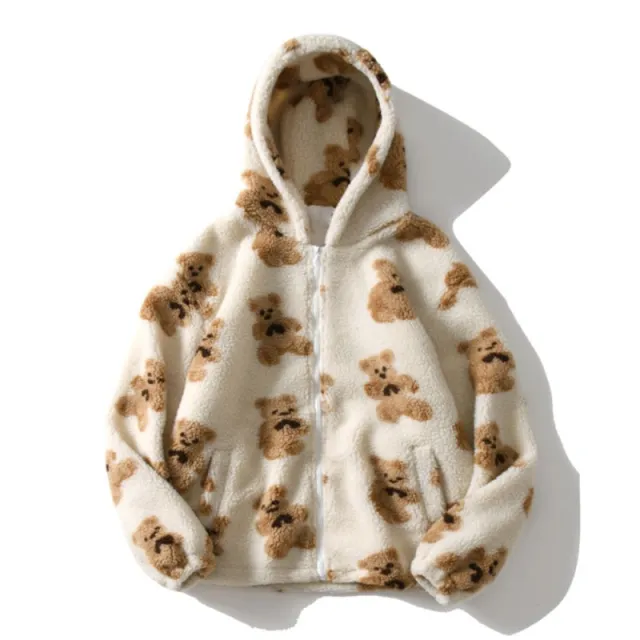 Cartoon Thick Patterned Zipper Hooded Sweatshirt White - Shop at LoveMi